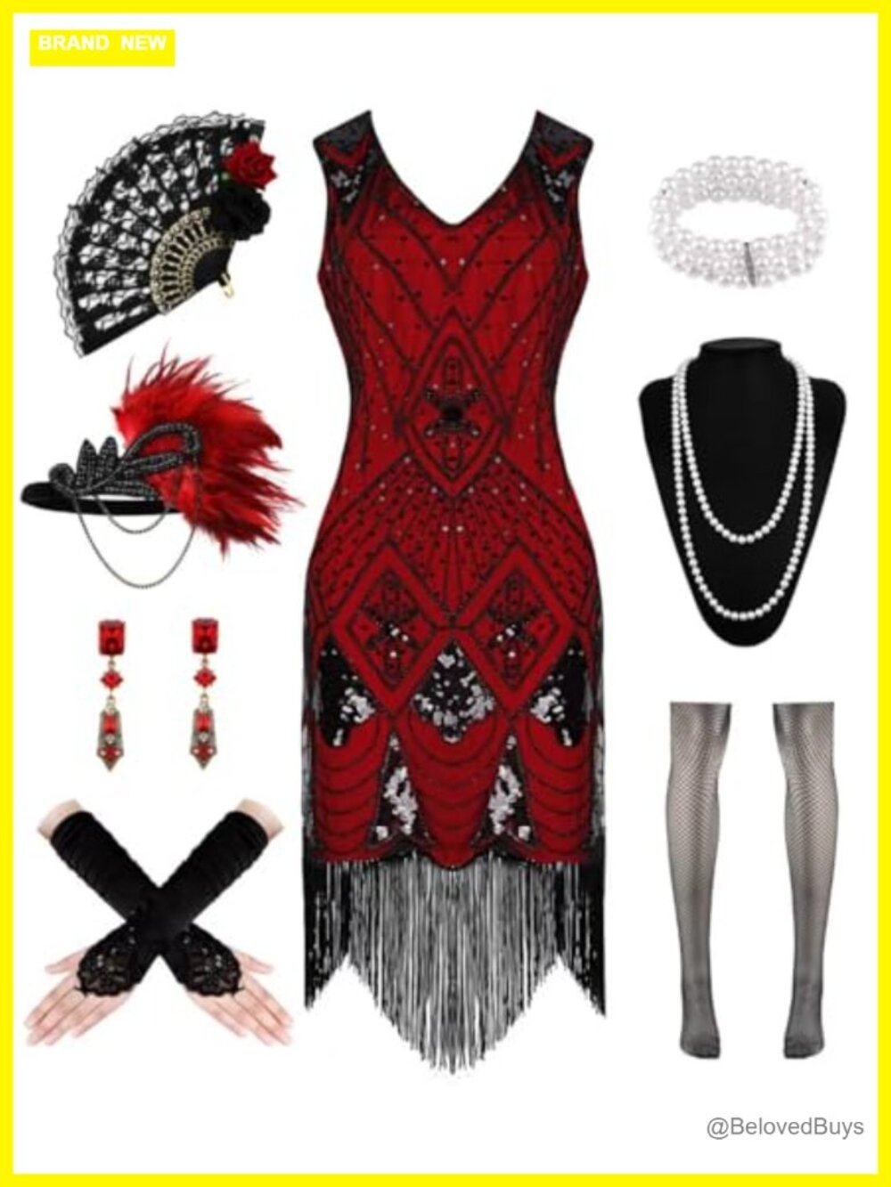 1920s Sequin Fringed Flapper Dress with Accessories